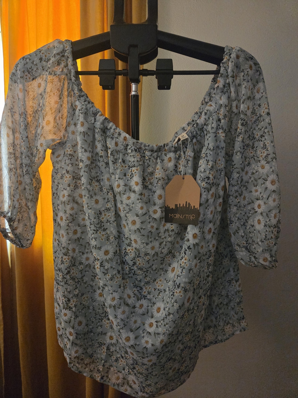 Main Strip Light Blue Floral Off-Shoulder Tunic